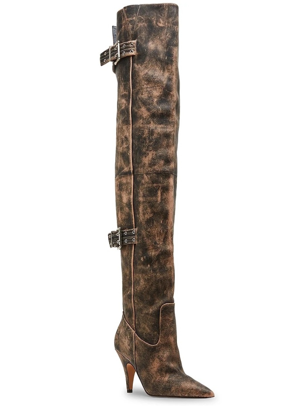 NWOB STEVE MADDEN BADDIE THIGH HIGH BOOTS BROWN DISTRESSED BUCKLES 10